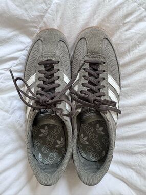 adidas Women’s Taupe Suede & Mesh Sneakers with White Stripes